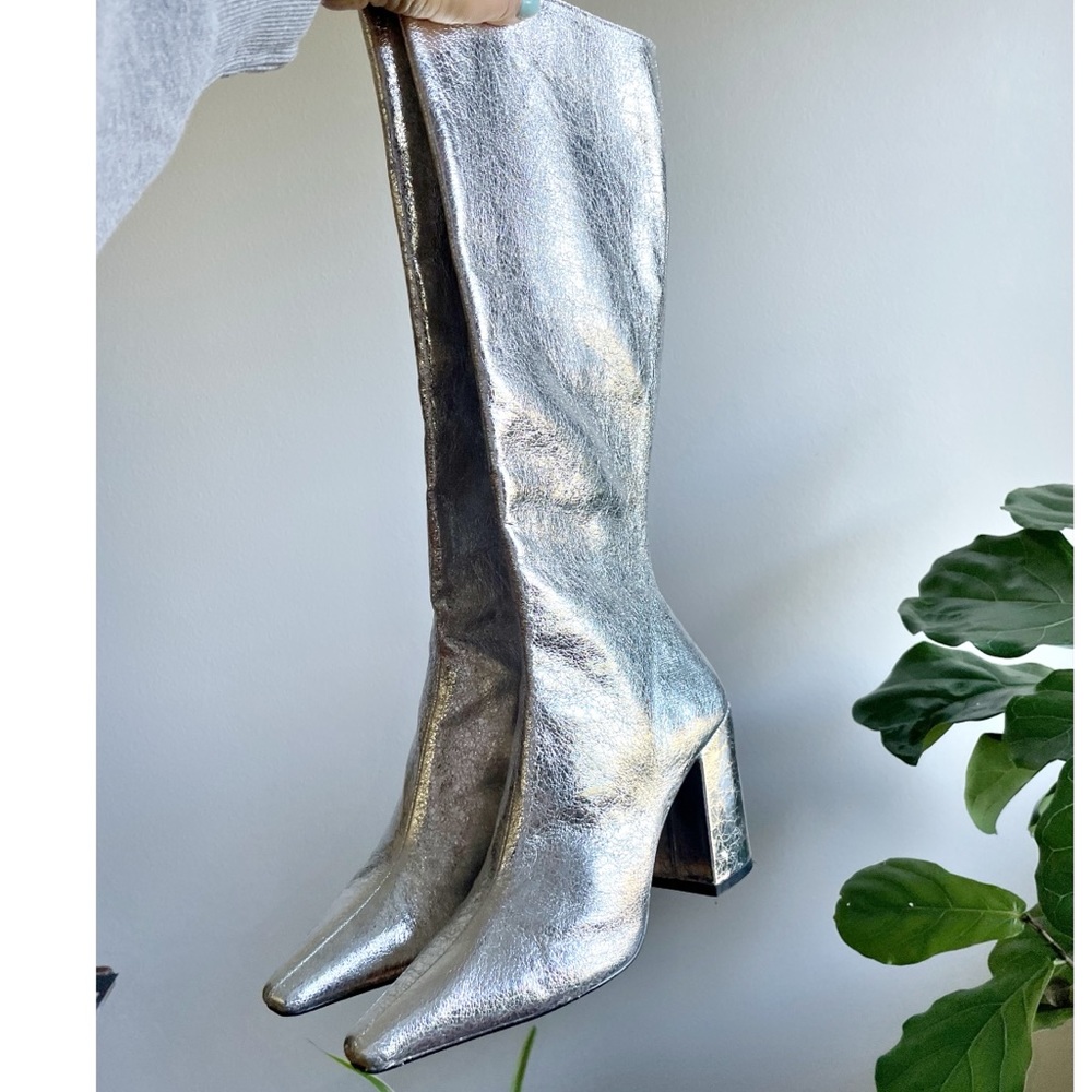 Steve Madden Silver Zelda Pointed Toe Block Heel Under the Knee Boots - Picture 7 of 16